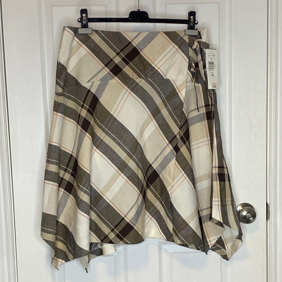 NYGARD Cream Brown Plaid Asym Wrap Midi Skirt Linen Blend D-Ring US 14 - Picture 2 of 16